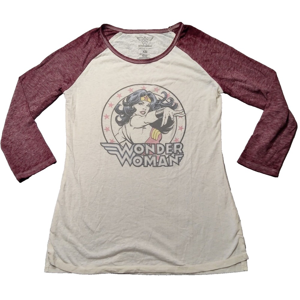 WONDER WOMAN Off-White Burgundy Burnout‎ Raglan T-Shirt Women Size XS NEW